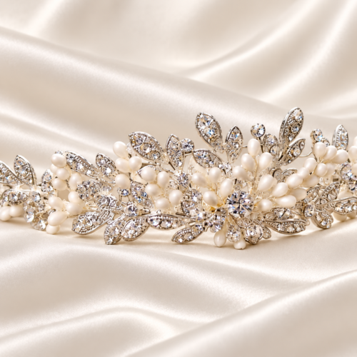 Tiara de cristales y perlas en color plateado