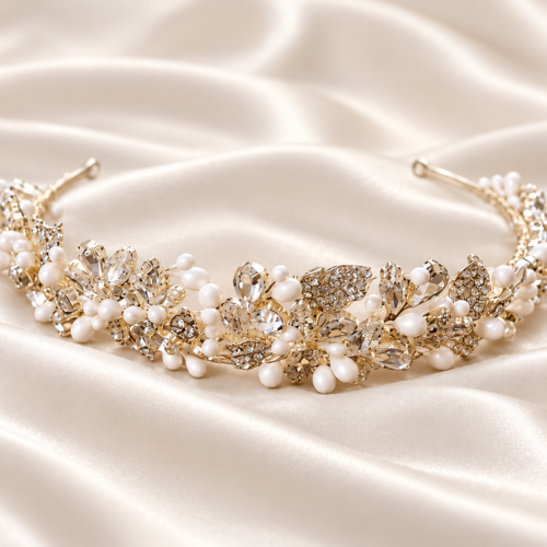 Tiara floral dorada con cristales y perlas